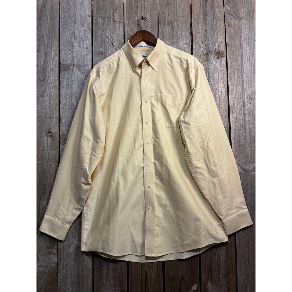LL Bean Mens Yellow Oxford Shirt Wrinkle Resistant Cotton Button Down 16.5-36